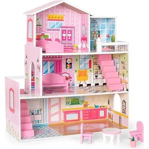 Uhomepro Poppenhuis, houten speelgoedhuis, poppenhuis met meubels en accessoires, kinderverjaardagscadeau, pedagogisch speelgoed voor kinderen ouder dan drie jaar