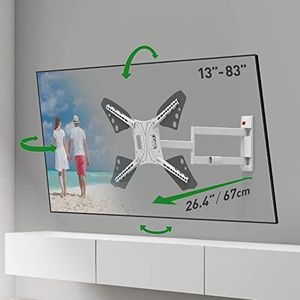 Barkan 67 cm lange witte tv-wandsteun, 13-80 inch Full Motion Articulating - 4 Beweging plat/gebogen schermbeugel, houdt tot 50 kg, extreem uitschuifbaar, past op LED OLED LCD