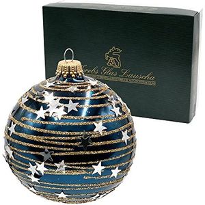 Dekohelden24 Lauschaer Kerstboomversiering - set van 6 glazen ballen in kobaltblauw, mondgeblazen en met de hand gedecoreerd met sterrenhemel in goud en zilver, met gouden kroon, diameter ca. 8 cm
