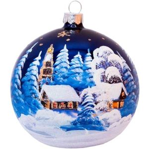Vitbis Kerstboomornament glanzend marineblauw met winterlandschap kerk grote decoratie 15 cm diameter handgemaakt handgeschilderd mondgeblazen bal cadeau-idee