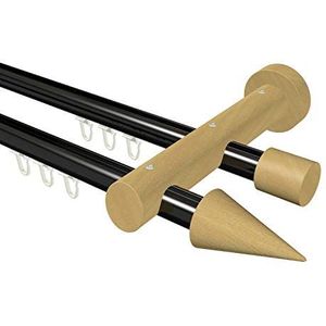 Flairdeco binnenloopgordijnroede 20 mm Ø, 2-loops, type kegel, aluminium/hout, zwart/beuken gelakt, 160 cm
