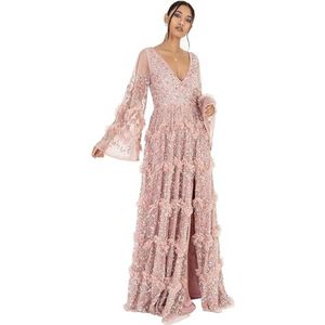 Maya Deluxe Maxi-jurk voor dames, V-hals, pailletten, ruches, Empire-taille, split, voor bal, bruidsmeisje, bruiloftsgast, Frosted Roze, 48