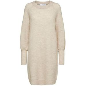 SELECTED - Gebreide Jurk - Beige Gemêleerd - Knielengte - Losse Pasvorm
