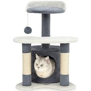 lionto krabpaal voor katten met hol & pluche bal, hoogte 65 cm, middelgrote krabpaal met robuust sisal & pluche, comfortabele ligplaats & hol, geschikt voor kleine en grote katten, grijs/wit