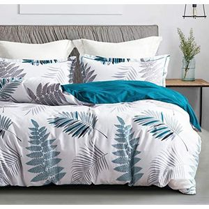 SLEEPBELLA Beddengoedset, queen-size, draaddichtheid 600, dekbed, katoen, omkeerbaar, alternatief voor dons, 3-delige set, king, blauw, bloemen, kaki, grijs, bladeren (queen, blauw, botanisch)