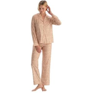 Dagi Dames Light Salmon Floral Patterned Combed Modal Shirt Broek Pyjama Set, S, Light Salmon, S