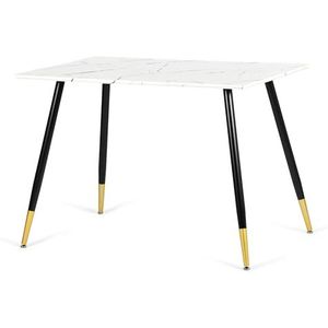 FurnitureR Rechthoekige eettafel, L-110 cm voor 4-6, slank luxe design, imitatie wit marmer top met zwart-gouden metalen poten, veelzijdig en minimalistisch accent, keukentafel
