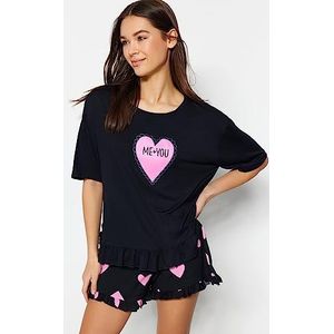 Trendyol Dames slogan ruches gedetailleerde midden gebreide T-shirt-korte pyjama set, zwart, L, Zwart, L