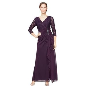 Alex Evenings Lange damesjurk met kanten top en empire-taille, Aubergine, 16