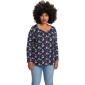 Ulla Popken 811511 Damesshirt, grote maten, plus-size, kerstpatroon, A-lijn, harthals, lange mouwen, marineblauw, 42-44