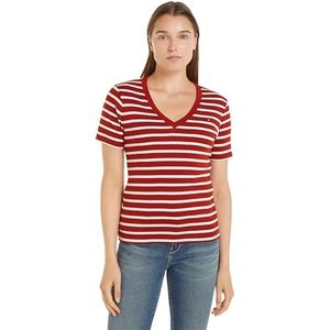 Tommy Hilfiger Nieuwe slanke Cody V-nk Ss S/S gebreide tops voor dames, Bretonse Stp/Donker Magma/Ecru, XL