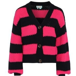 Libbi Dames gestreepte cardigan met lange mouwen met V-hals acryl zwart roze maat XL/XXL, zwart, roze, XL