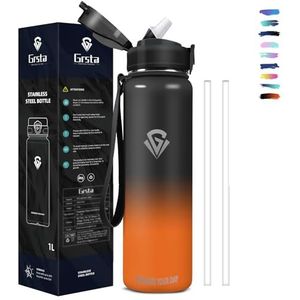 Grsta Thermosfles, 1 liter, thermosfles met rietje, roestvrij staal, BPA-vrij, dubbelwandig, voor sport, camping, fietsen, yoga