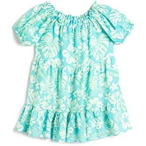 Koton Linnen jurk met bloemenprint en pofmouwen, Turquoise Design (6D8), 6-7 jaar