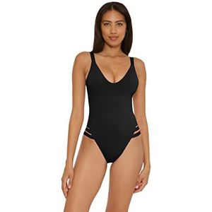 BECCA Color Prism - Women's High Leg One Piece Swimsuit, Scoop Neck, Bathing Suits for Women, Black, Medium