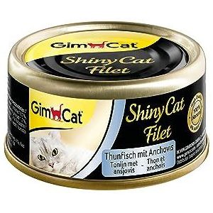 GimCat ShinyCat Filet tonijn met ansjovis - Kattenvoer met malse filet zonder toegevoegde suikers, voor volwassen katten - 24 blikken (24 x 70 g)