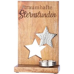 GILDE Decoratieve kaarsenhouder theelicht kandelaar ster met opschriften: prachtige sterrenuren - kerstdecoratie van hout - kleur bruin zilver - hoogte 32 cm
