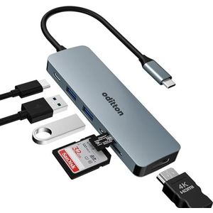 oditton HDMI-hub, 6-in-1 USB C-adapter met 4K HDMI, 100W PD, 2 x USB 3.0, SD/TF-kaartlezer voor Mac OS, Windows 10/8/7, XP, Linux