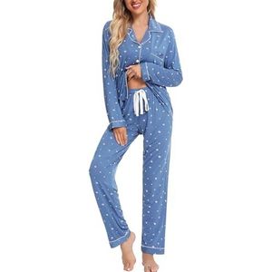 Leikar Pyjama met knopen voor dames, shirt met lange mouwen en pyjamabroek, zachte pyjamasets voor dames, S-XXL, Blauw Wit Stare, S