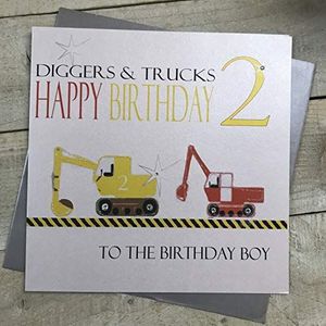 WHITE COTTON CARDS, Groot, graafmachine en trucks, Happy Birthday, 5,1 cm handgemaakt, voor de 2e verjaardag