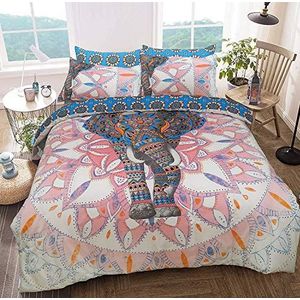 Sleepdown Olifant Mandala Roze/Blauw Bed Reversable Dekbedovertrek Set Easy Care Anti-Allergisch Zacht & Glad met kussenslopen (King Size)