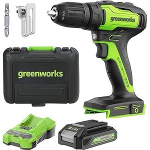 Greenworks 24 V accuboormachine, 35 Nm, borstelloze motor, 18 standen draaimomentstanden, 13 mm boorhouder, 2 versnellingen, incl. 2 Ah accu en oplader, koffer