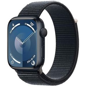 Apple Watch Series 9 (GPS 45 mm) Smartwatch - Kast van middernacht aluminium - Middernacht geweven sportbandje. Conditie bijhouden, Saturatie-app en Ecg-app, Always-on Retina-display, CO�₂- neutraal