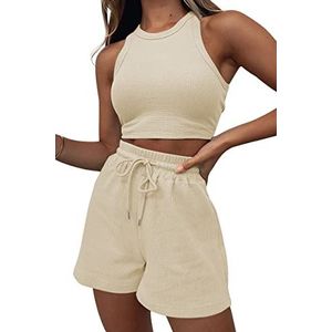 AUTOMET Dames 2-delige outfits lounge bijpassende sets tweedelige linnen shorts lente tops 2023 trendy kleding zomervakantie, Beige, S