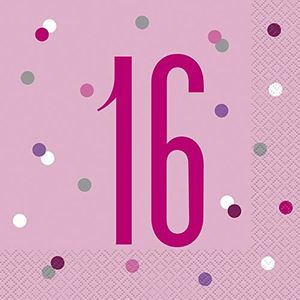 Papieren servetten - cijfer 16-16,5 cm - glitter roze & zilver verjaardag - verpakking van 16 stuks