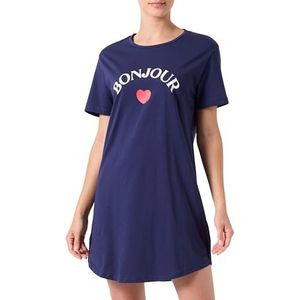 Lang slaapshirt dames - katoenen nachthemd dames korte mouwen pyjama, Donkerblauw, S