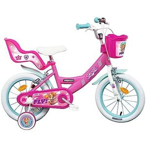 Vélo ATLAS Stella de la Paw Patrol Kinderfiets, 40,6 cm (16 inch), voor meisjes, met 2 remmen, mand voor, achterdeur, spatborden en stabilisatoren, roze, 16