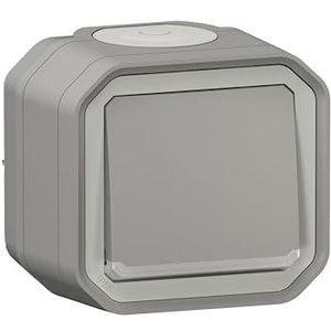 Schakelaar of wisselschakelaar LEGRAND met waterdicht controlelampje Plexo grijs 10A 250~ IP55 IK08 compleet voor opbouwbevestiging