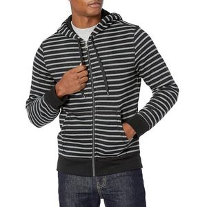 Amazon Essentials Men's Fleecetrui met volledige ritssluiting en capuchon (verkrijgbaar in grote en lange maten), Zwart Grijs Streep, S