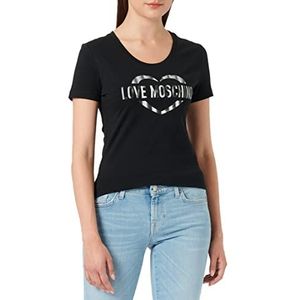 Love Moschino Dames Tight-Fitting Short Sleeves with Heart olografische Print T-Shirt, Zwart, 48