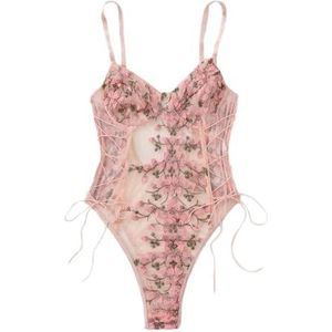 Lilosy Vrouwen Sexy Lace Up Bloemen Geborduurde Teddy Lingerie Bodysuit Top Mesh Sheer Een Stuk, PINK, M