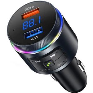 ANSTA Automatische Bluetooth FM-zender, automatische frequentieaanpassing voor vereenvoudiging van de instellingen, Bluetooth auto-adapter QC3.0, RGB achtergrondverlichting, dubbele microfoon