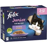 Felix Elke Dag Feest Junior Selectie kattenvoer, natvoer voor kittens met Tonijn, met Zalm, met Rund en met Kip in Gelei 12x85g- doos van 4 (48 portiezakjes, 4,08kg)