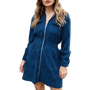 Pretty Darling Blauw koord elastische taille Zip Down Pocket Details Shirt jurk, Blauw, 34