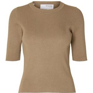 SELECTED FEMME Vrouwelijk gebreid bovenstuk met korte mouwen, grijsbeige, M