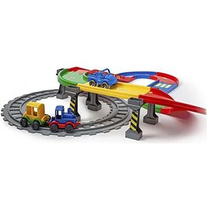 Wader 51530 - Play Tracks Railway auto en spoorweg, set van rails en weg met ca. 3,4 m lengte, incl. 3 voertuigen en 48 stickers, vanaf 1 jaar, ideaal als cadeau voor fantasierijk spelen