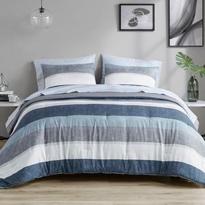 Madison Park Essentials Jaxon bed in een tas, dekbedset met laken, bedrukt streepontwerp, modern beddengoed voor alle seizoenen en bijpassende sham, queensize blauw/grijs, 7-delig