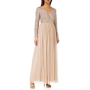 Dames Maxi Jurk voor Vrouwen met Lange Mouwen V-hals Plunging Sequin Versierd voor Bruiloft Gast Bruidsmeisje Prom Taupe Blush Maat 20, Taupe Blush, 46