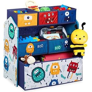 Relaxdays speelgoedkast met 6 stoffen manden, monster design, HxBxD: 66 x 63,5 x 30 cm, opbergkast speelgoed, kleurrijk