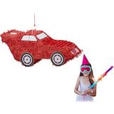 Relaxdays pinata auto, ophangen, zelf vullen, HxBxD: 24 x 52 x 18 cm, voor kinderen, jongens, verjaardag, feestjes, rood