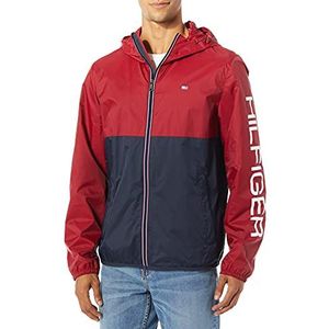 Tommy Hilfiger Lichtgewicht actieve waterbestendige regenjas met capuchon voor heren, Rood/Navy Colorblock, S