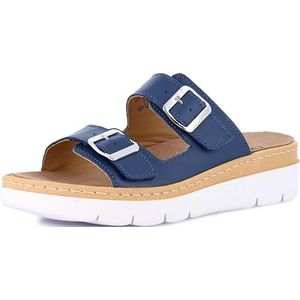 GRÜNLAND Moll, comfortabele pantoffels met dubbele verstelbare gesp, uitneembare Drysoft-lederen binnenzool, gevormde zool en 4 cm sleehak voor dames, Jeans, 42 EU