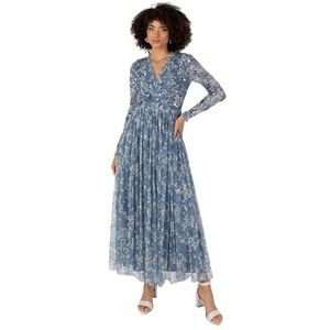 Anaya with Love Midaxi damesjurk, V-hals, wrap met lange mouwen, bloemenpailletten, versierd, voor bruiloft, gastfeest, gelegenheid, blauw, 48