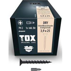TOX Snelbouwschroeven DRY FG 3,9 x 25 mm, schroeven zwart gefosfateerd met trompetkop + fijne schroefdraad, gipsplaat op metalen onderbouw, PH2, 1000 stuks, incl. 1x bit, 142453213925