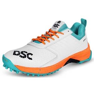 DSC Jaffa 22 Professional Cricket Shoes for Men | Toe and Heel Protection | Multilayer Cushioning | Supersoft and Flexibility | Rubber Outsole | Durability (White/Orange, Size: EU 39, UK 5, US 6)