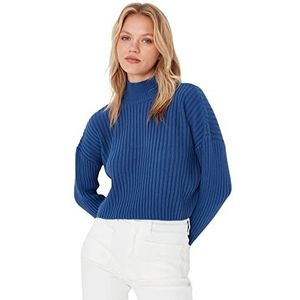 Trendyol Dames oversized basic staande kraag gebreide trui sweatshirt, Indigo, S